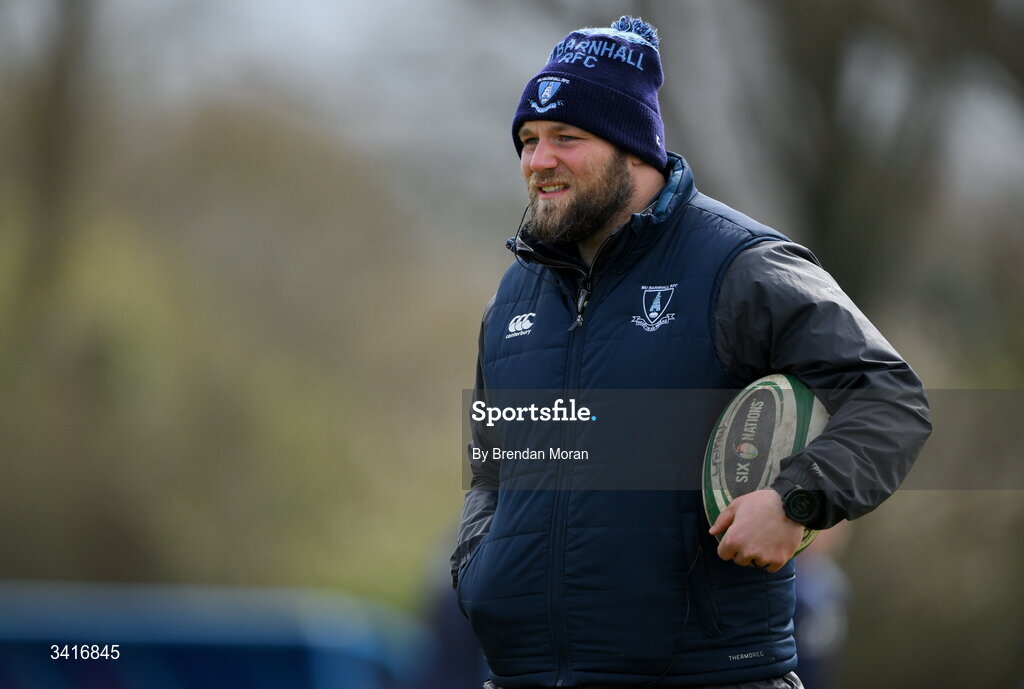 4 April 2026; MU Barnhall scrum coach JP Botha before the Energia Men's All-Ireland League Division match between MU Barnhall and Wanderers RFC at MU Barnhall RFC in Parsonstown, Kildare. Photo by Brendan Moran/Sportsfile