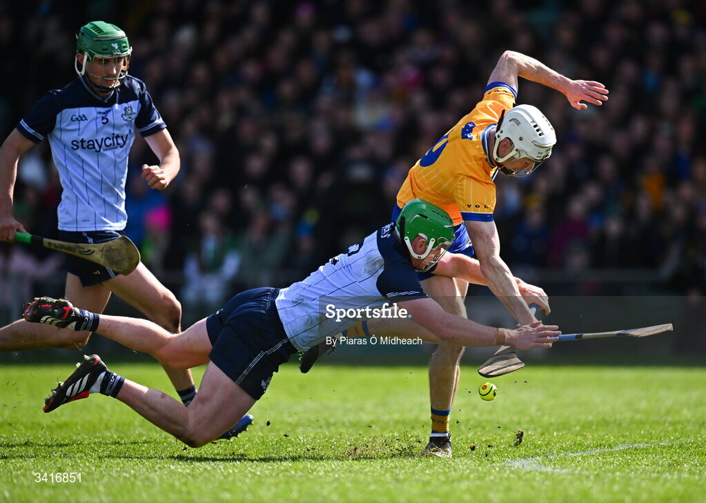 5 April 2026; Ryan Taylor of Clare in action against Conor McHugh of Dublin during the Allianz Hurling League Division 1B final match between Clare and Dublin at TUS Gaelic Grounds in Limerick. Photo by Piaras Ó Mídheach/Sportsfile