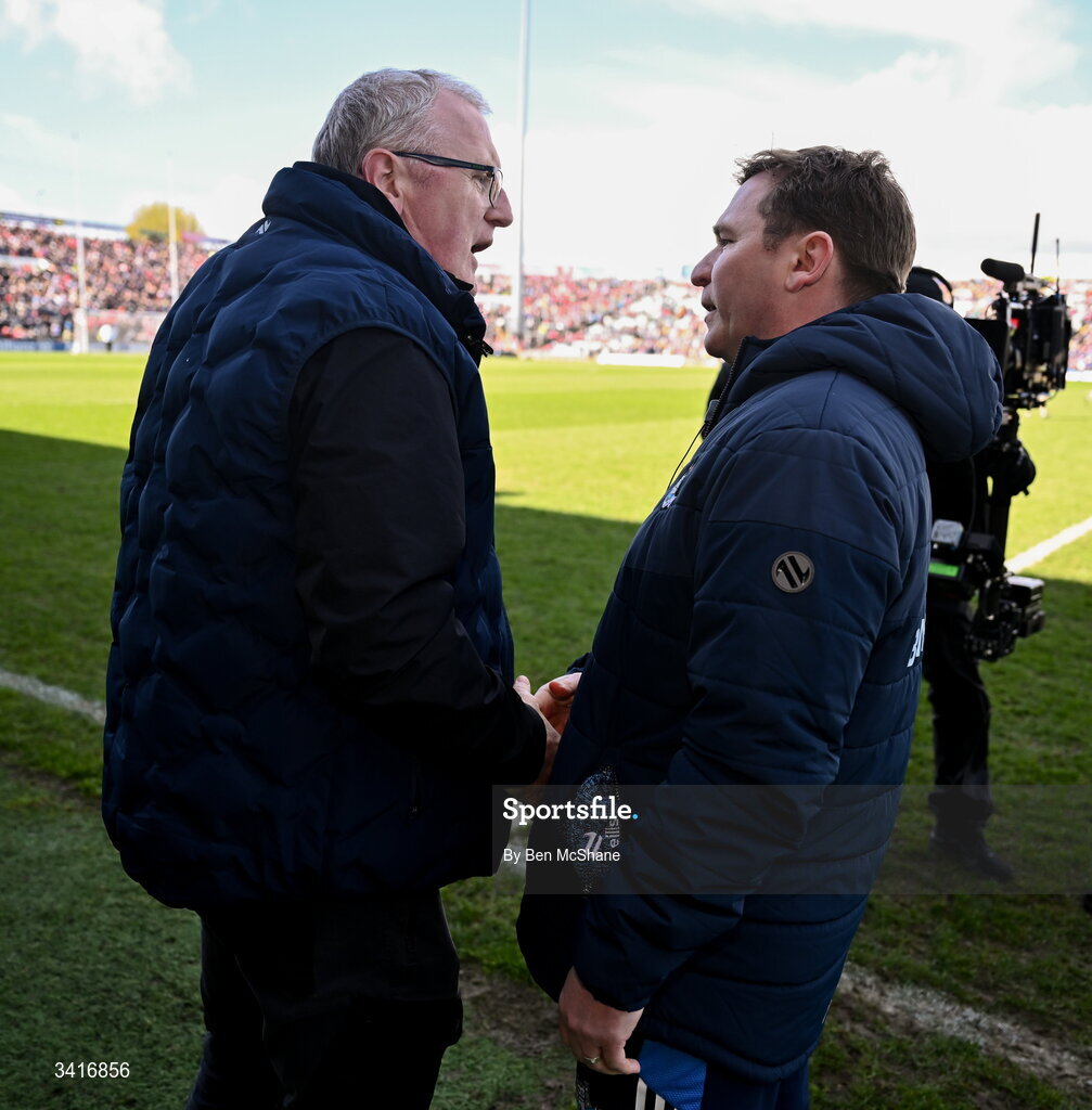 5 April 2026; Dublin manager Niall Ó Ceallacháin, right, and Clare manager Brian Lohan shake hands after the Allianz Hurling League Division 1B final match between Clare and Dublin at TUS Gaelic Grounds in Limerick. Photo by Ben McShane/Sportsfile
