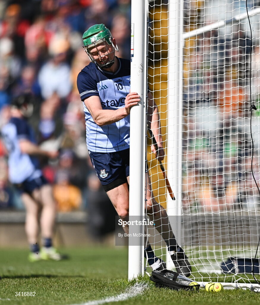 5 April 2026; Fergal Whitely of Dublin reacts after a missed opportunity on goal during the Allianz Hurling League Division 1B final match between Clare and Dublin at TUS Gaelic Grounds in Limerick. Photo by Ben McShane/Sportsfile
