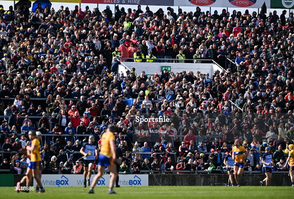 5 April 2026; Supporters during the Allianz Hurling League Division 1B final match between Clare and Dublin at TUS Gaelic Grounds in Limerick. Photo by Ben McShane/Sportsfile