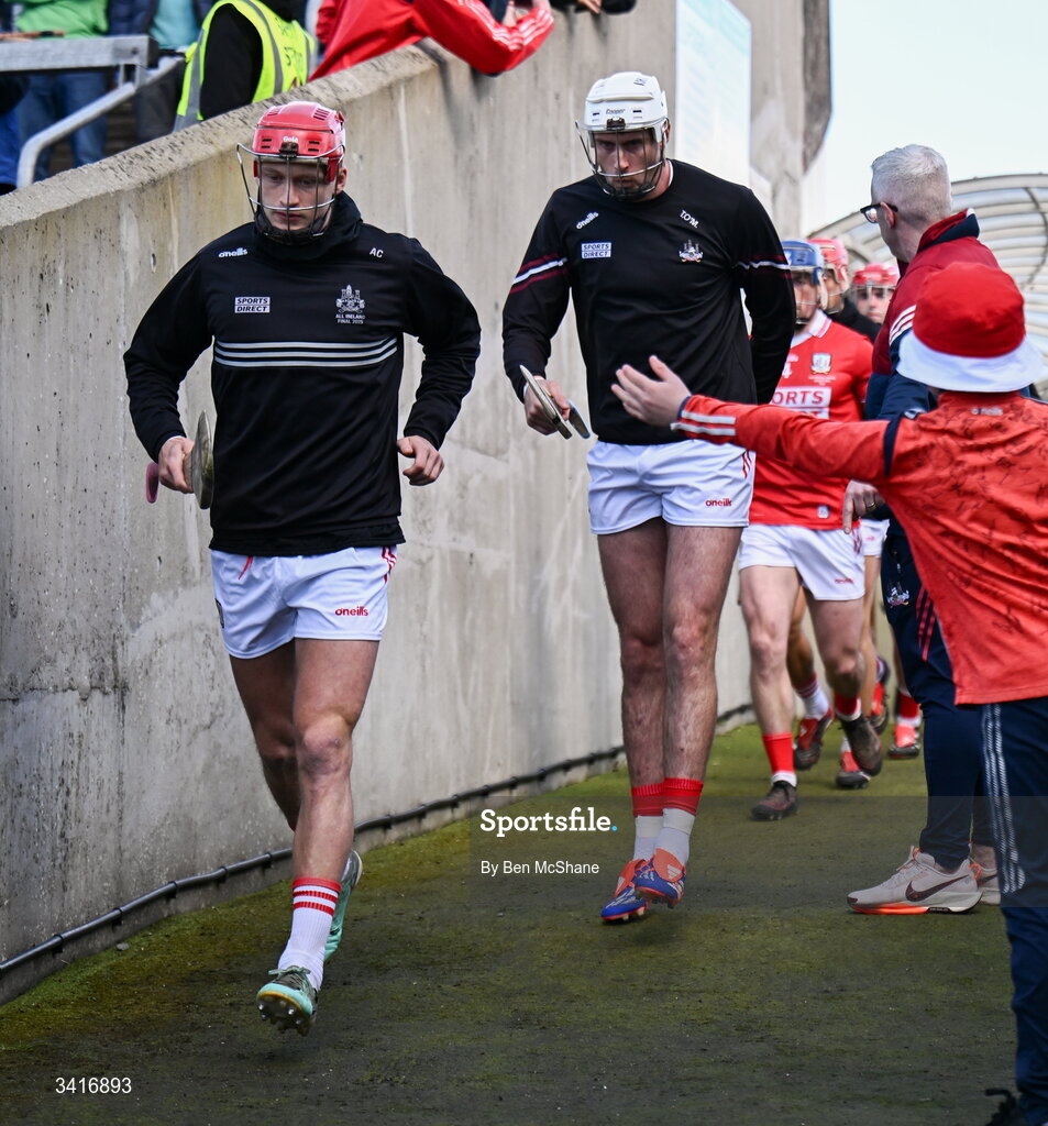 5 April 2026; Alan Connolly, left, and Tim O'Mahony of Cork makes their way on to the pitch before the Allianz Hurling League Division 1A final match between Limerick and Cork at TUS Gaelic Grounds in Limerick. Photo by Ben McShane/Sportsfile