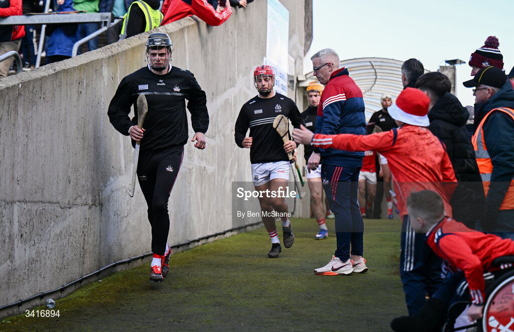 5 April 2026; Darragh Fitzgibbon of Cork leads his side on to the pitch beforethe Allianz Hurling League Division 1A final match between Limerick and Cork at TUS Gaelic Grounds in Limerick. Photo by Ben McShane/Sportsfile