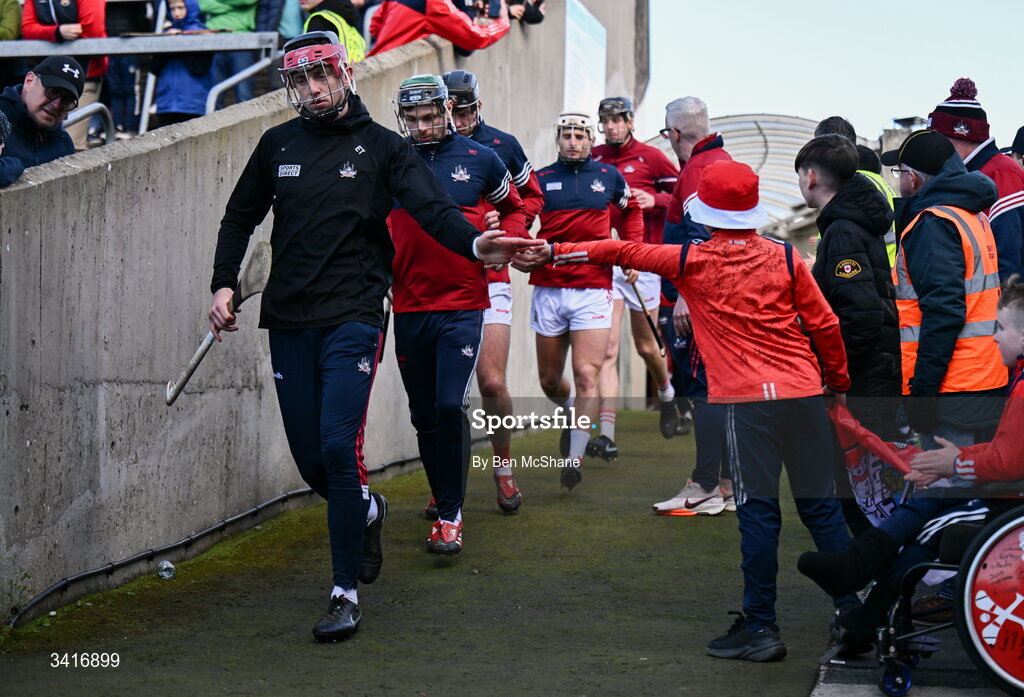 5 April 2026; Ethan Twomey of Cork makes his way on to the pitch before the Allianz Hurling League Division 1A final match between Limerick and Cork at TUS Gaelic Grounds in Limerick. Photo by Ben McShane/Sportsfile