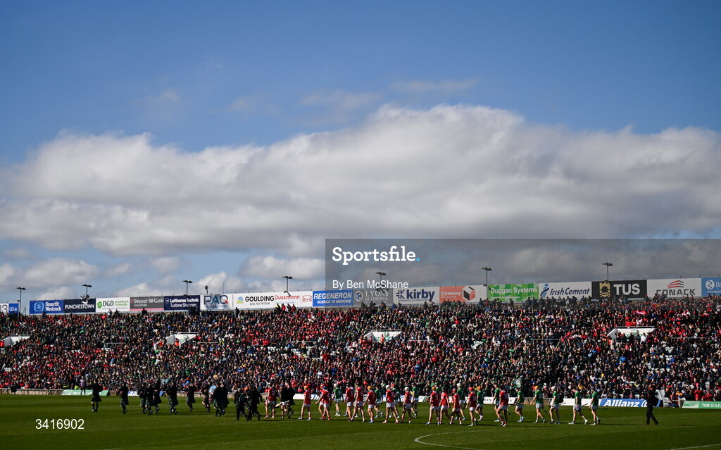 5 April 2026; A general view of the pre-match parade before the Allianz Hurling League Division 1A final match between Limerick and Cork at TUS Gaelic Grounds in Limerick. Photo by Ben McShane/Sportsfile