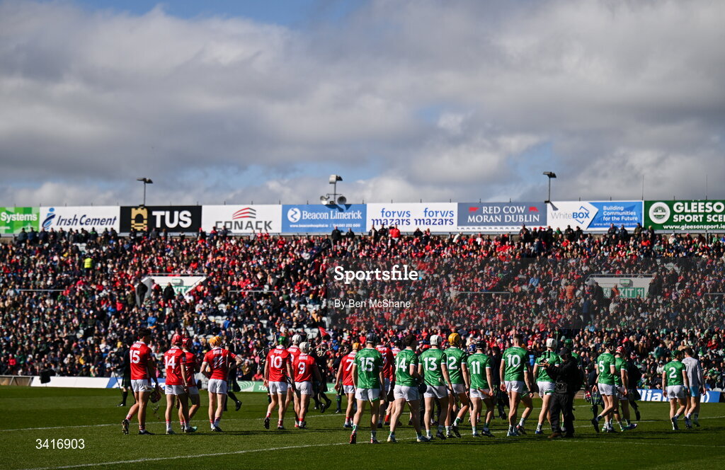 5 April 2026; A general view of the pre-match parade before the Allianz Hurling League Division 1A final match between Limerick and Cork at TUS Gaelic Grounds in Limerick. Photo by Ben McShane/Sportsfile