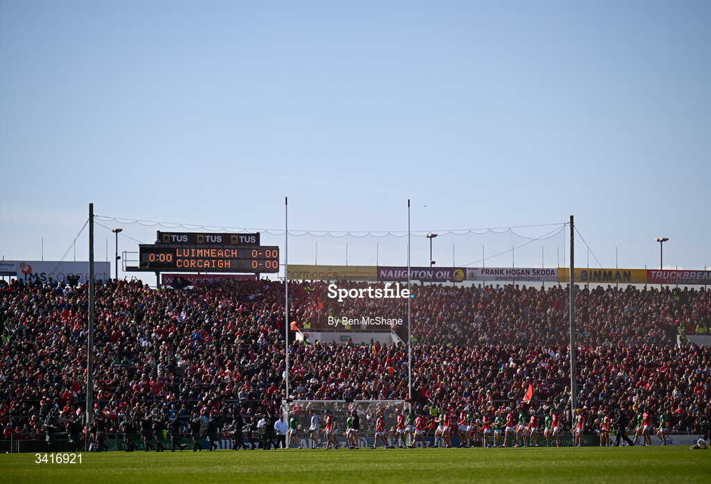5 April 2026; A general view of the pre-match parade before the Allianz Hurling League Division 1A final match between Limerick and Cork at TUS Gaelic Grounds in Limerick. Photo by Ben McShane/Sportsfile