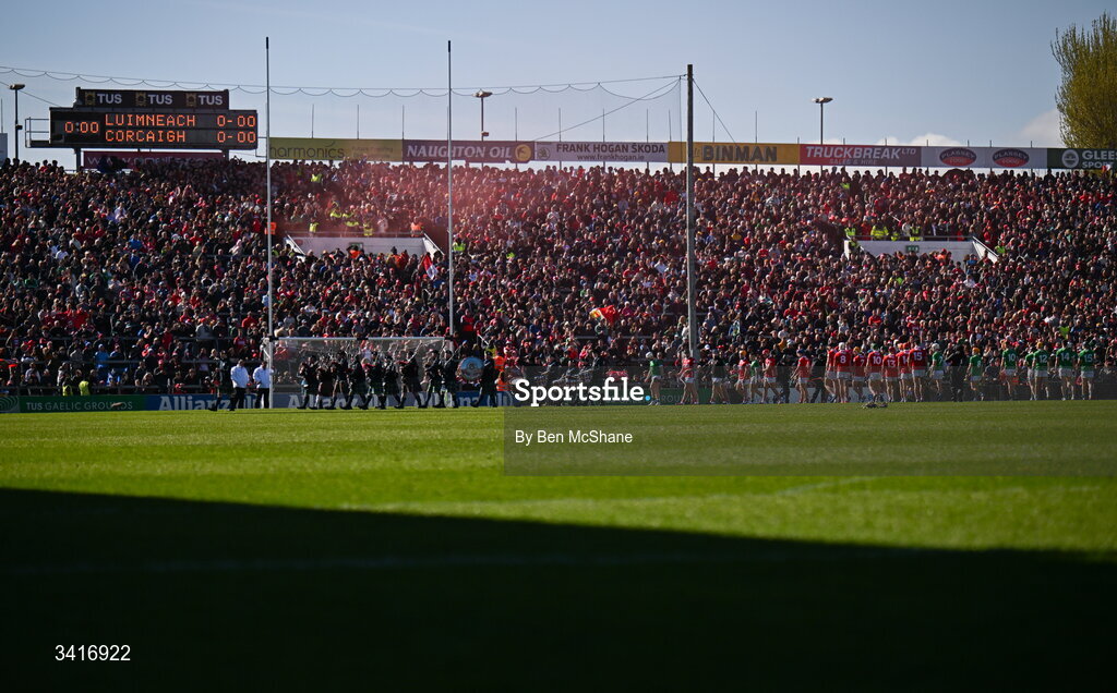 5 April 2026; A general view of the pre-match parade before the Allianz Hurling League Division 1A final match between Limerick and Cork at TUS Gaelic Grounds in Limerick. Photo by Ben McShane/Sportsfile