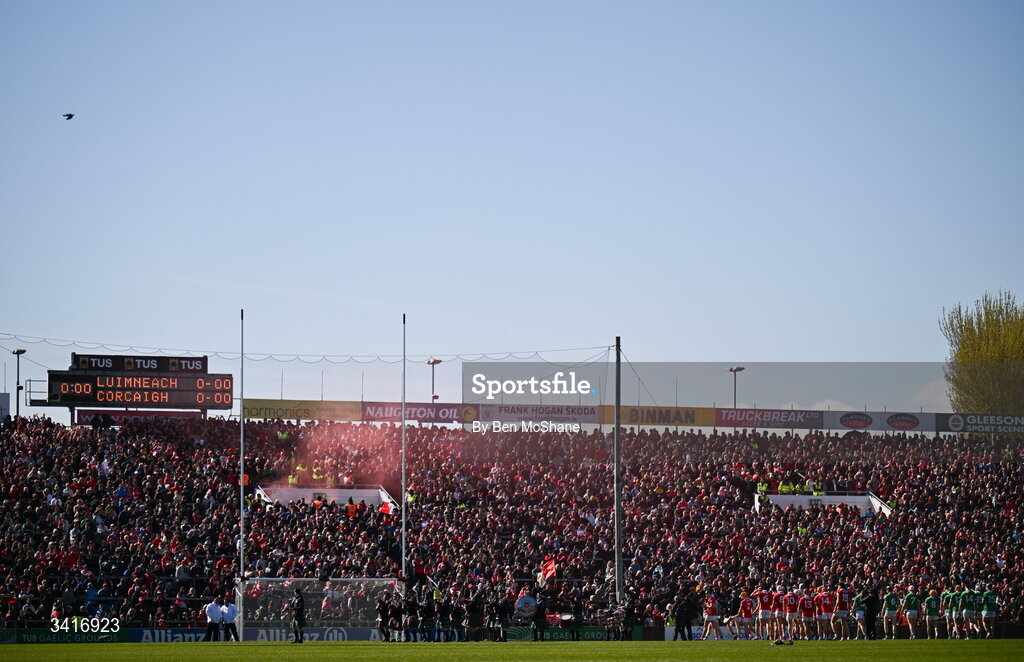 5 April 2026; A general view of the pre-match parade before the Allianz Hurling League Division 1A final match between Limerick and Cork at TUS Gaelic Grounds in Limerick. Photo by Ben McShane/Sportsfile