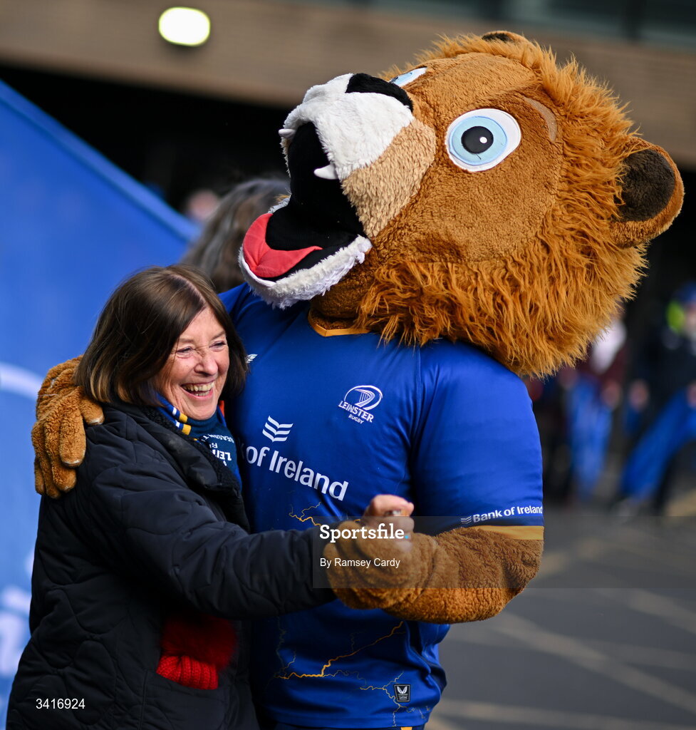 5 April 2026; Leo the Lion and a supporter before the Investec Champions Cup match between Leinster and Edinburgh at the Aviva Stadium in Dublin. Photo by Ramsey Cardy/Sportsfile