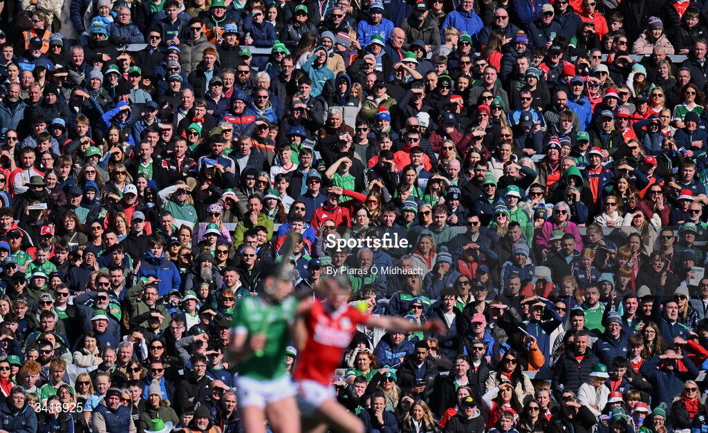 5 April 2026; Supporters during the Allianz Hurling League Division 1A final match between Limerick and Cork at TUS Gaelic Grounds in Limerick. Photo by Piaras Ó Mídheach/Sportsfile