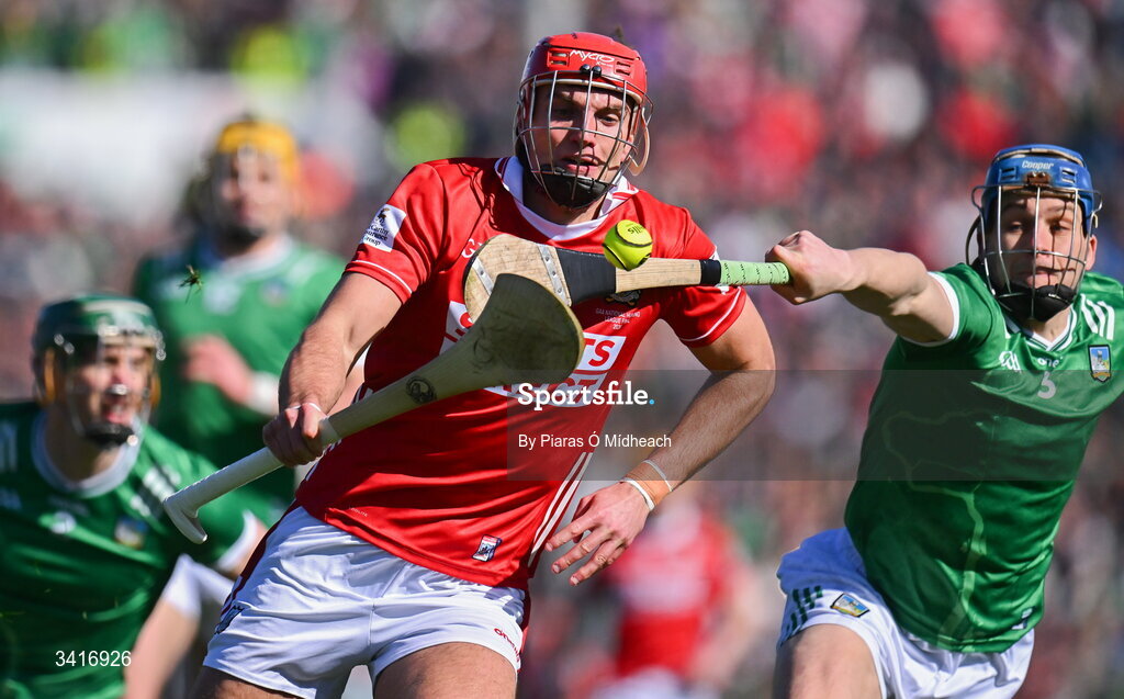 5 April 2026; Brian Hayes of Cork in action against Mike Casey of Limerick during the Allianz Hurling League Division 1A final match between Limerick and Cork at TUS Gaelic Grounds in Limerick. Photo by Piaras Ó Mídheach/Sportsfile
