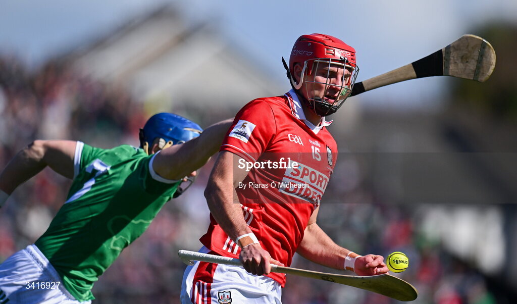 5 April 2026; Brian Hayes of Cork in action against Mike Casey of Limerick during the Allianz Hurling League Division 1A final match between Limerick and Cork at TUS Gaelic Grounds in Limerick. Photo by Piaras Ó Mídheach/Sportsfile