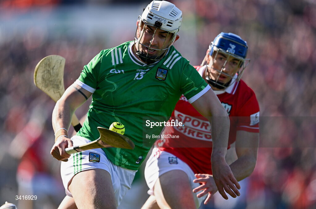 5 April 2026; Aaron Gillane of Limerick in action against Seán O'Donoghue of Cork during the Allianz Hurling League Division 1A final match between Limerick and Cork at TUS Gaelic Grounds in Limerick. Photo by Ben McShane/Sportsfile