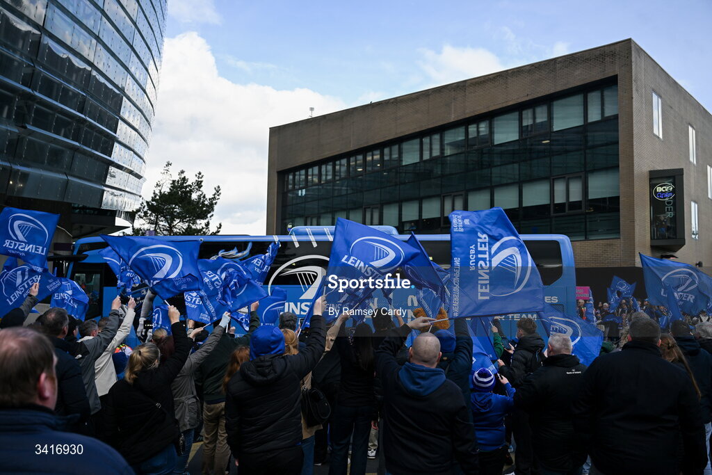 5 April 2026; The Leinster bus arrives before the Investec Champions Cup match between Leinster and Edinburgh at the Aviva Stadium in Dublin. Photo by Ramsey Cardy/Sportsfile