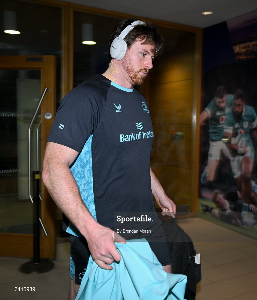 5 April 2026; Ryan Baird of Leinster arrives before the Investec Champions Cup match between Leinster and Edinburgh at the Aviva Stadium in Dublin. Photo by Brendan Moran/Sportsfile