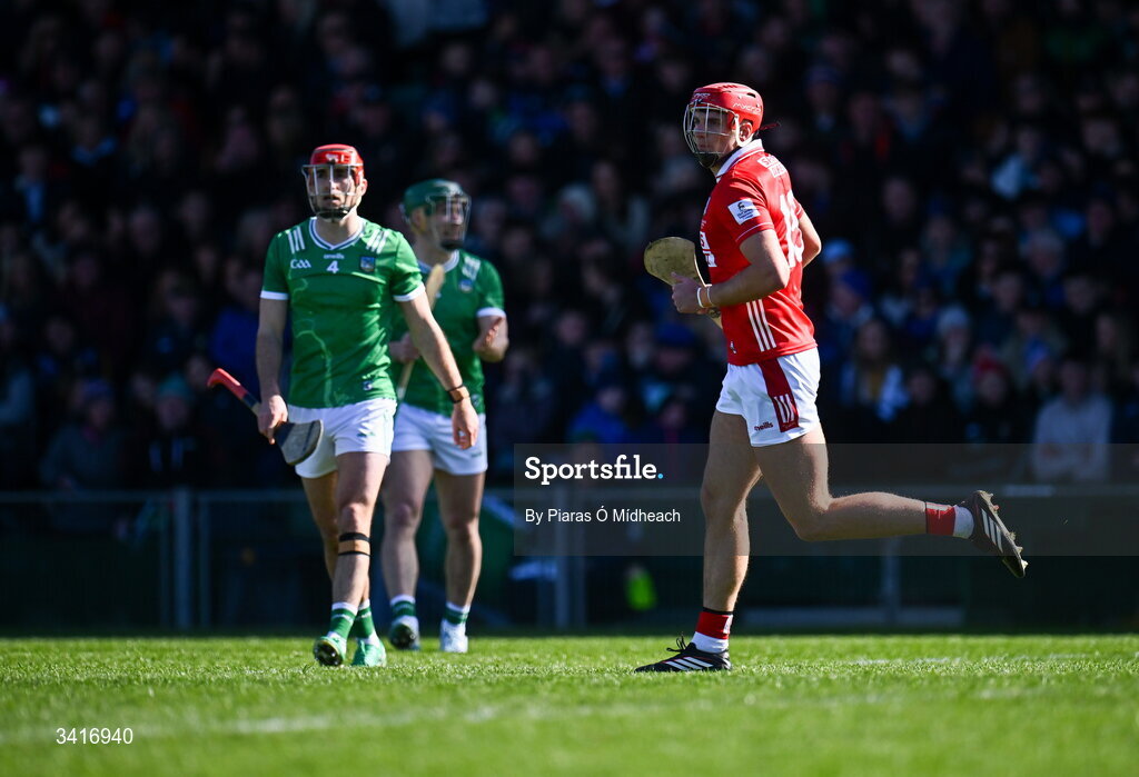 5 April 2026; Brian Hayes of Cork after scoring his side's first goal during the Allianz Hurling League Division 1A final match between Limerick and Cork at TUS Gaelic Grounds in Limerick. Photo by Piaras Ó Mídheach/Sportsfile