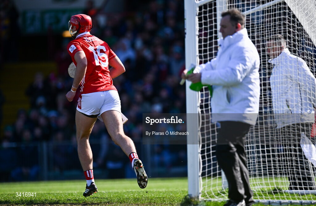 5 April 2026; Brian Hayes of Cork after scoring his side's first goal during the Allianz Hurling League Division 1A final match between Limerick and Cork at TUS Gaelic Grounds in Limerick. Photo by Piaras Ó Mídheach/Sportsfile
