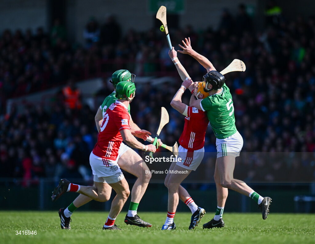 5 April 2026; Diarmaid Byrnes of Limerick in action against Shane Barrett of Cork during the Allianz Hurling League Division 1A final match between Limerick and Cork at TUS Gaelic Grounds in Limerick. Photo by Piaras Ó Mídheach/Sportsfile