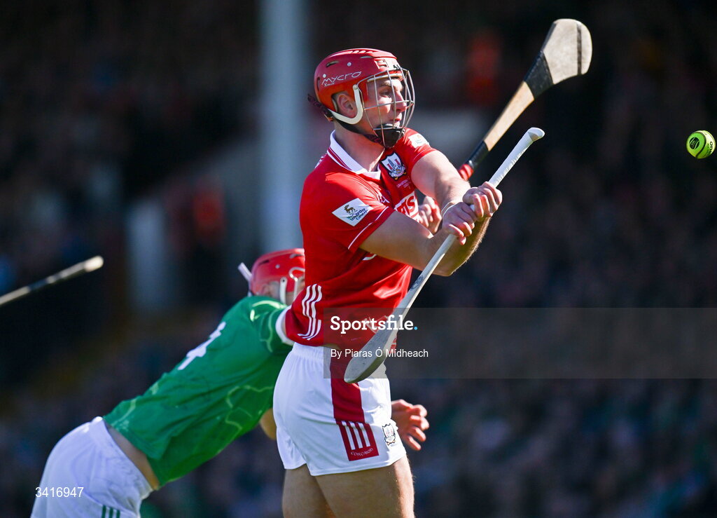 5 April 2026; Brian Hayes of Cork in action against Barry Nash of Limerick during the Allianz Hurling League Division 1A final match between Limerick and Cork at TUS Gaelic Grounds in Limerick. Photo by Piaras Ó Mídheach/Sportsfile