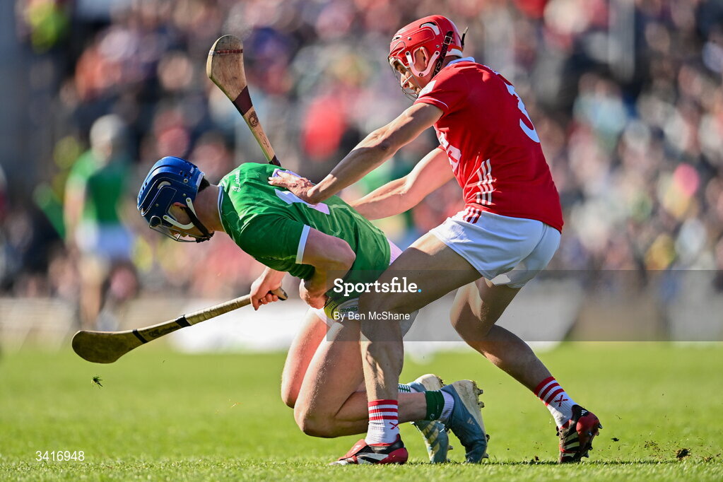 5 April 2026; Shane O'Brien of Limerick is tackled by Ciarán Joyce of Cork during the Allianz Hurling League Division 1A final match between Limerick and Cork at TUS Gaelic Grounds in Limerick. Photo by Ben McShane/Sportsfile