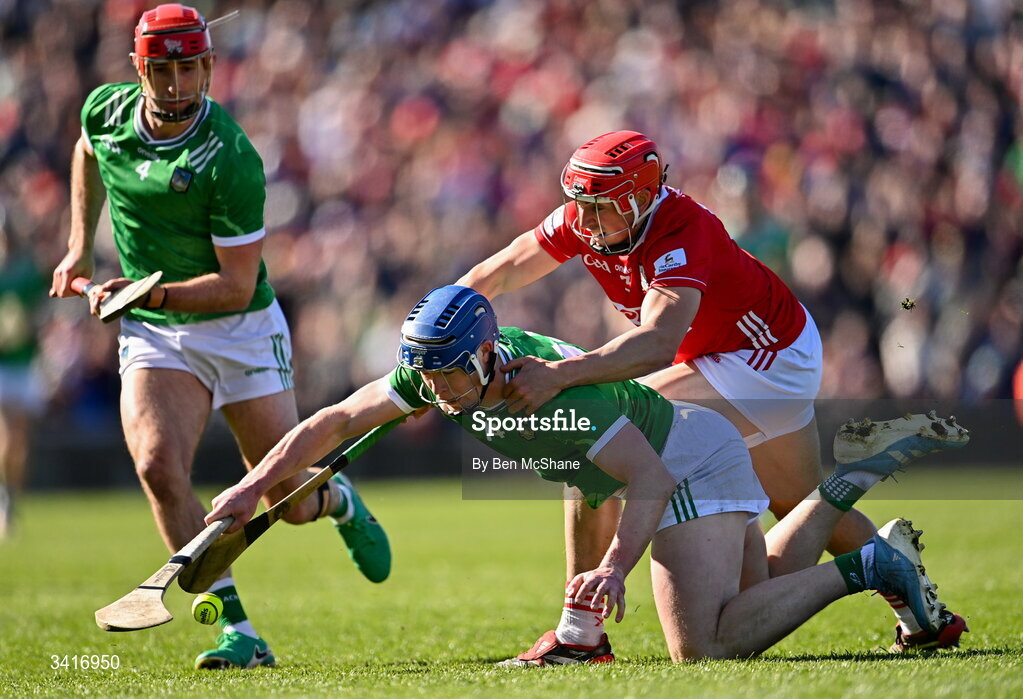 5 April 2026; Shane O'Brien of Limerick is tackled by Ciarán Joyce of Cork during the Allianz Hurling League Division 1A final match between Limerick and Cork at TUS Gaelic Grounds in Limerick. Photo by Ben McShane/Sportsfile