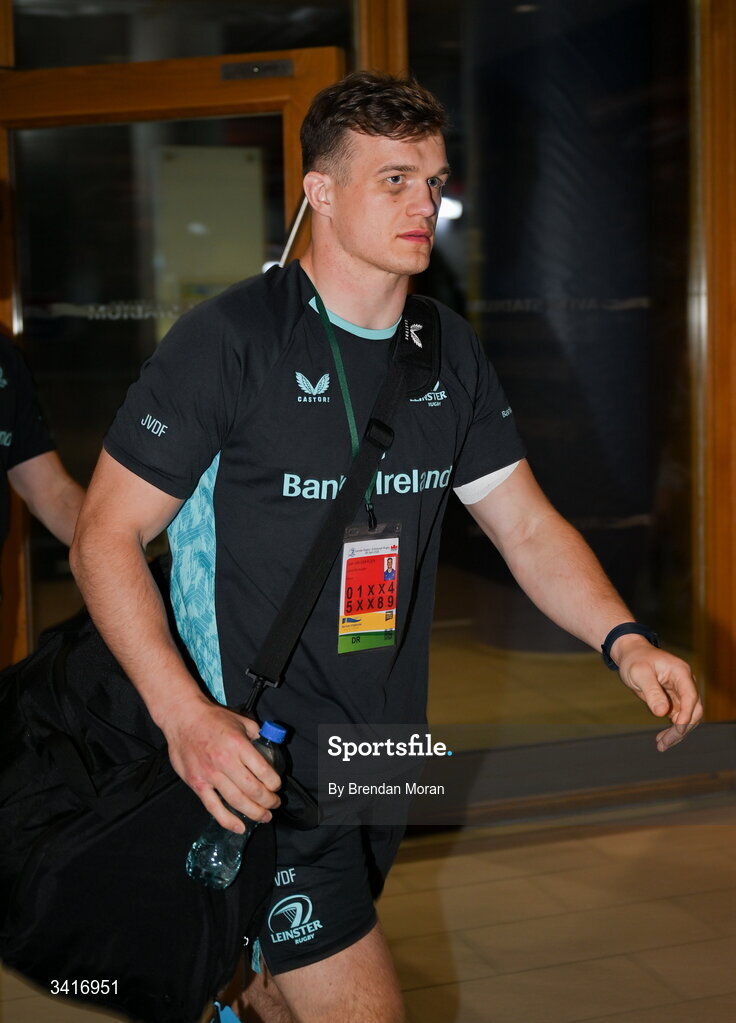 5 April 2026; Josh van der Flier of Leinster arrives before the Investec Champions Cup match between Leinster and Edinburgh at the Aviva Stadium in Dublin. Photo by Brendan Moran/Sportsfile