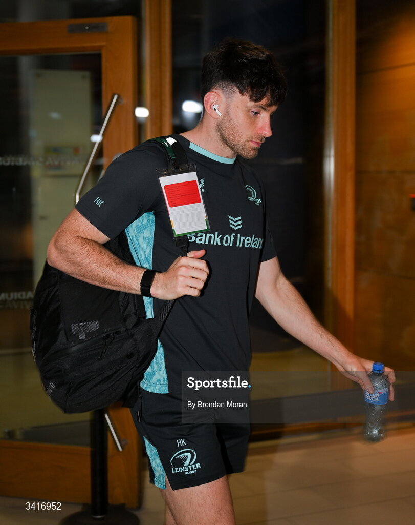 5 April 2026; Hugo Keenan of Leinster arrives before the Investec Champions Cup match between Leinster and Edinburgh at the Aviva Stadium in Dublin. Photo by Brendan Moran/Sportsfile