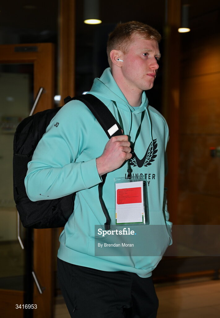 5 April 2026; Jamie Osborne of Leinster arrives before the Investec Champions Cup match between Leinster and Edinburgh at the Aviva Stadium in Dublin. Photo by Brendan Moran/Sportsfile