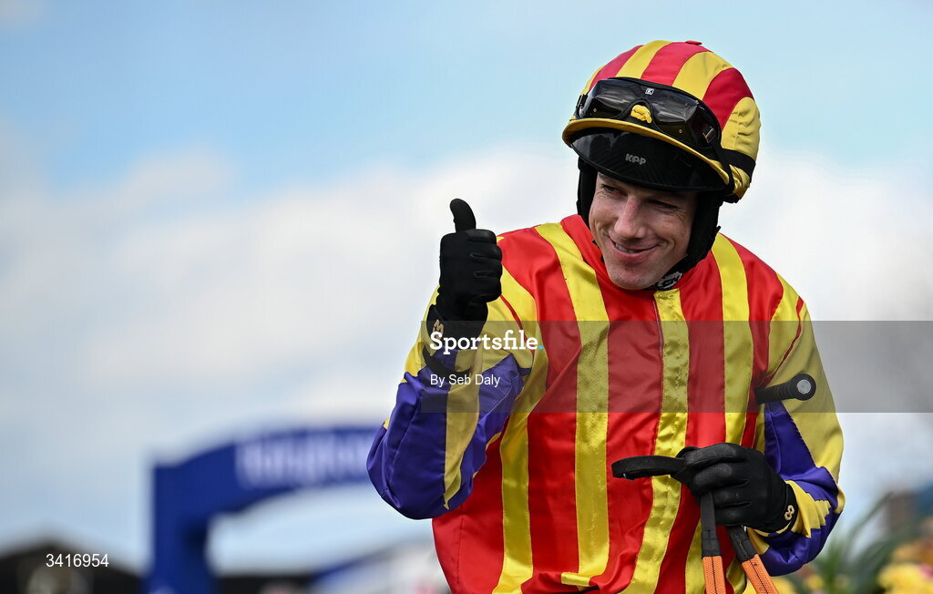 5 April 2026; Jockey Brian Hayes after winning the Irish Stallion Farms EBF Honeysuckle Mares Novice Hurdle on Zanoosh during day two of the Fairyhouse Easter Festival at Fairyhouse Racecourse in Ratoath, Meath. Photo by Seb Daly/Sportsfile