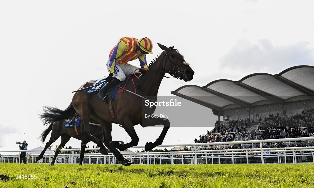 5 April 2026; Zanoosh, with Brian Hayes up, on their way to winning the Irish Stallion Farms EBF Honeysuckle Mares Novice Hurdle during day two of the Fairyhouse Easter Festival at Fairyhouse Racecourse in Ratoath, Meath. Photo by Seb Daly/Sportsfile