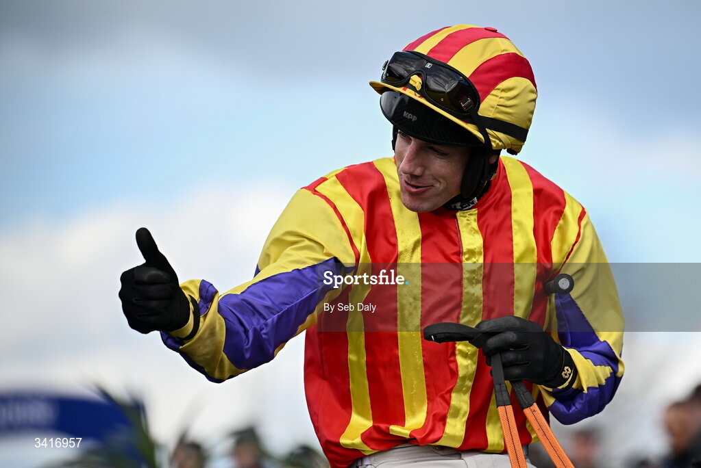 5 April 2026; Jockey Brian Hayes after winning the Irish Stallion Farms EBF Honeysuckle Mares Novice Hurdle on Zanoosh during day two of the Fairyhouse Easter Festival at Fairyhouse Racecourse in Ratoath, Meath. Photo by Seb Daly/Sportsfile