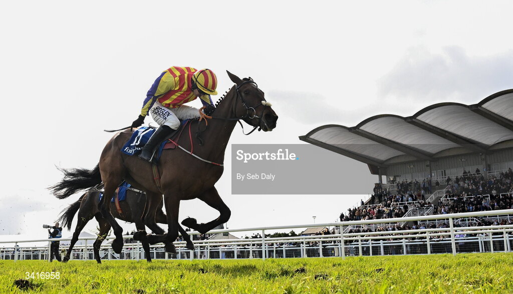 5 April 2026; Zanoosh, with Brian Hayes up, on their way to winning the Irish Stallion Farms EBF Honeysuckle Mares Novice Hurdle during day two of the Fairyhouse Easter Festival at Fairyhouse Racecourse in Ratoath, Meath. Photo by Seb Daly/Sportsfile