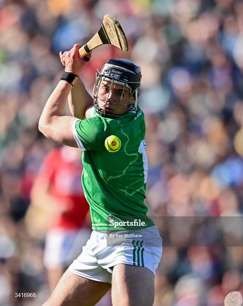 5 April 2026; Aidan O'Connor of Limerick takes a free during the Allianz Hurling League Division 1A final match between Limerick and Cork at TUS Gaelic Grounds in Limerick. Photo by Ben McShane/Sportsfile