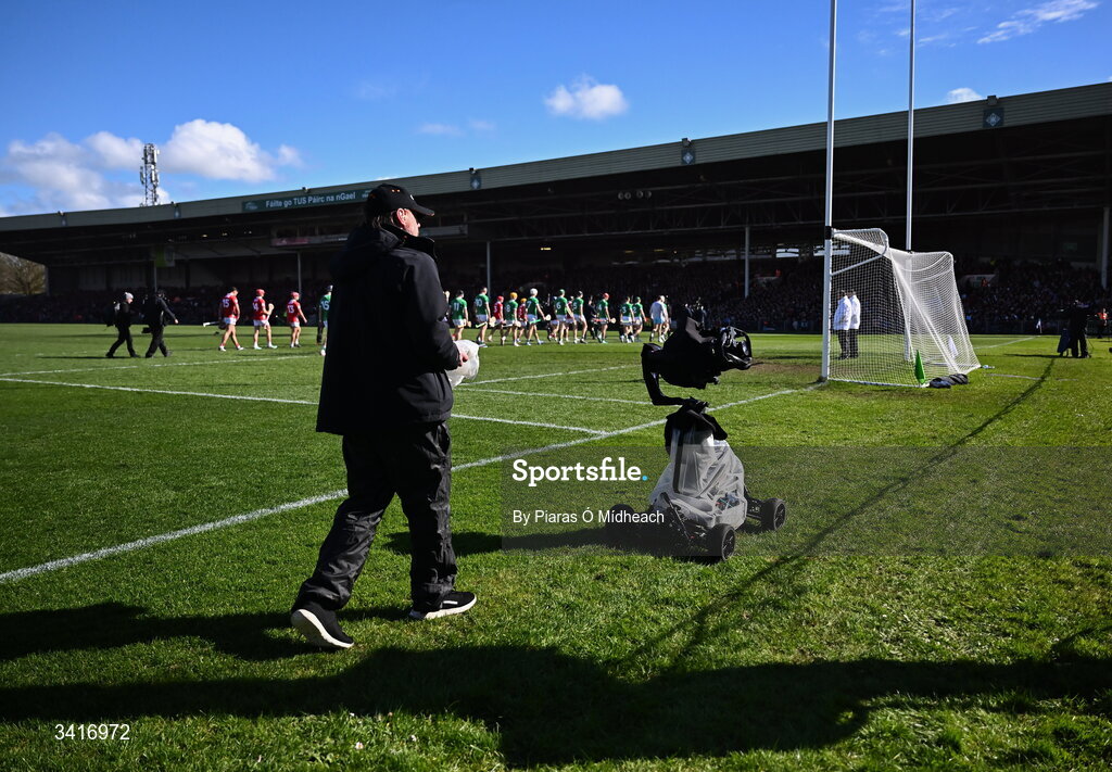 5 April 2026; A camera operator with a remote control TV camera before the Allianz Hurling League Division 1A final match between Limerick and Cork at TUS Gaelic Grounds in Limerick. Photo by Piaras Ó Mídheach/Sportsfile