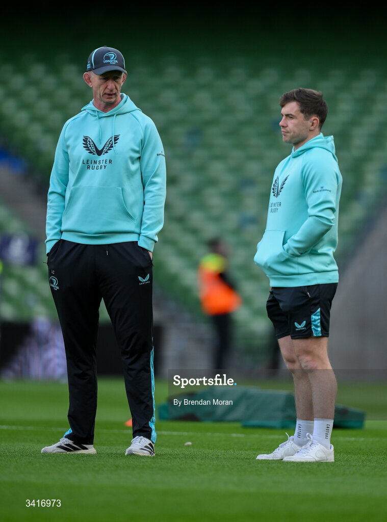 5 April 2026; Leinster head coach Leo Cullen and Luke McGrath walk the pitch before the Investec Champions Cup match between Leinster and Edinburgh at the Aviva Stadium in Dublin. Photo by Brendan Moran/Sportsfile