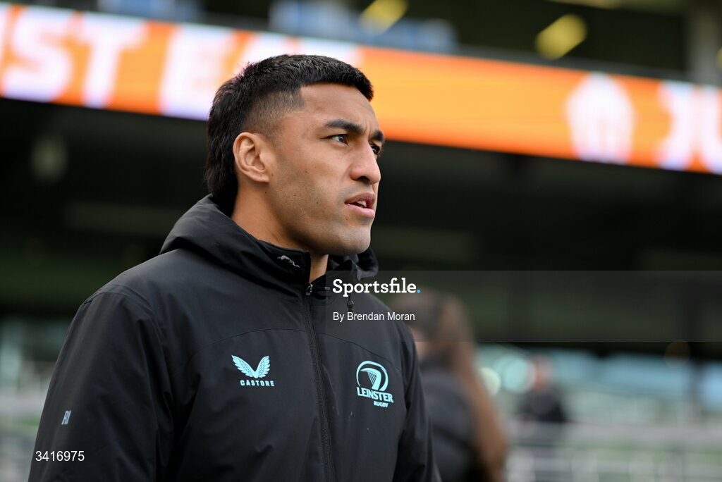 5 April 2026; Rieko Ioane of Leinster walks the pitch before the Investec Champions Cup match between Leinster and Edinburgh at the Aviva Stadium in Dublin. Photo by Brendan Moran/Sportsfile