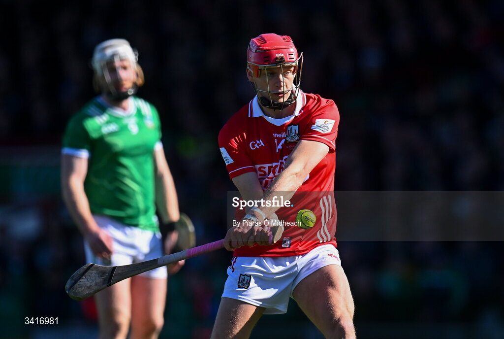 5 April 2026; Alan Connolly of Cork scores a point from a free during the Allianz Hurling League Division 1A final match between Limerick and Cork at TUS Gaelic Grounds in Limerick. Photo by Piaras Ó Mídheach/Sportsfile