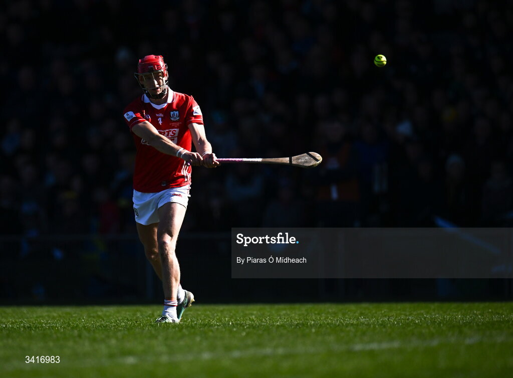 5 April 2026; Alan Connolly of Cork scores a point from a free during the Allianz Hurling League Division 1A final match between Limerick and Cork at TUS Gaelic Grounds in Limerick. Photo by Piaras Ó Mídheach/Sportsfile