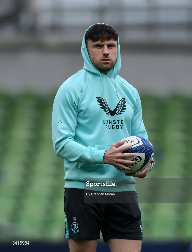 5 April 2026; Hugo Keenan of Leinster walks the pitch before the Investec Champions Cup match between Leinster and Edinburgh at the Aviva Stadium in Dublin. Photo by Brendan Moran/Sportsfile