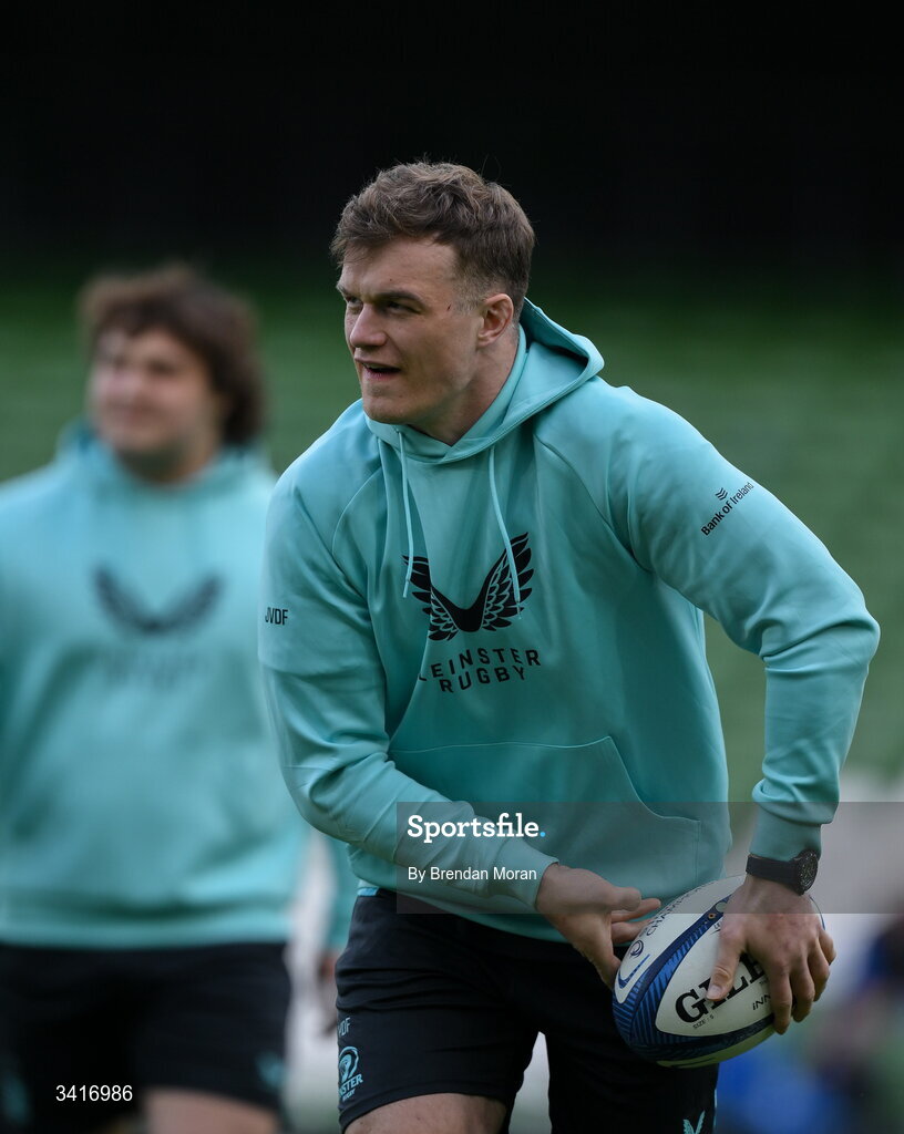 5 April 2026; Josh van der Flier of Leinster passes the ball during the pitch walk before the Investec Champions Cup match between Leinster and Edinburgh at the Aviva Stadium in Dublin. Photo by Brendan Moran/Sportsfile