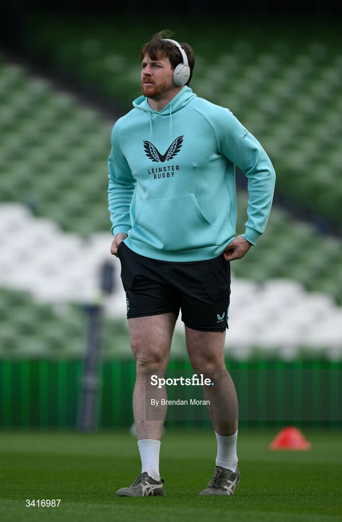 5 April 2026; Ryan Baird of Leinster walks the pitch before the Investec Champions Cup match between Leinster and Edinburgh at the Aviva Stadium in Dublin. Photo by Brendan Moran/Sportsfile