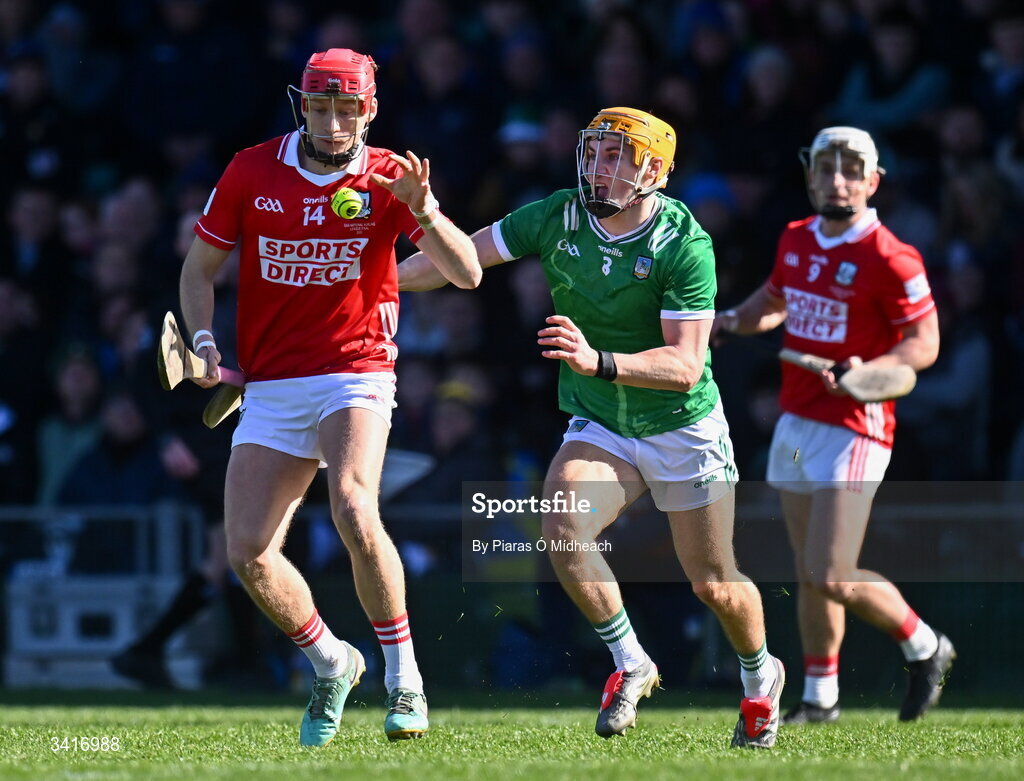 5 April 2026; Alan Connolly of Cork in action against Adam English of Limerick during the Allianz Hurling League Division 1A final match between Limerick and Cork at TUS Gaelic Grounds in Limerick. Photo by Piaras Ó Mídheach/Sportsfile