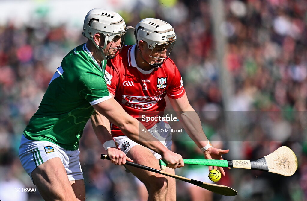 5 April 2026; Tommy O'Connell of Cork in action against Kyle Hayes of Limerick during the Allianz Hurling League Division 1A final match between Limerick and Cork at TUS Gaelic Grounds in Limerick. Photo by Piaras Ó Mídheach/Sportsfile