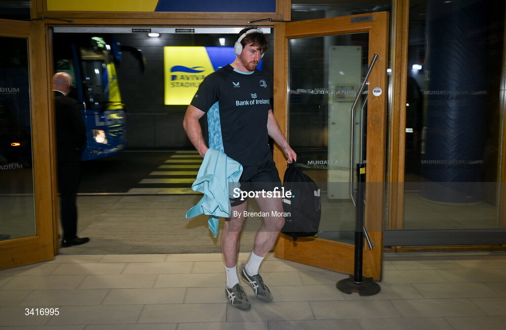 5 April 2026; Ryan Baird of Leinster arrives before the Investec Champions Cup match between Leinster and Edinburgh at the Aviva Stadium in Dublin. Photo by Brendan Moran/Sportsfile