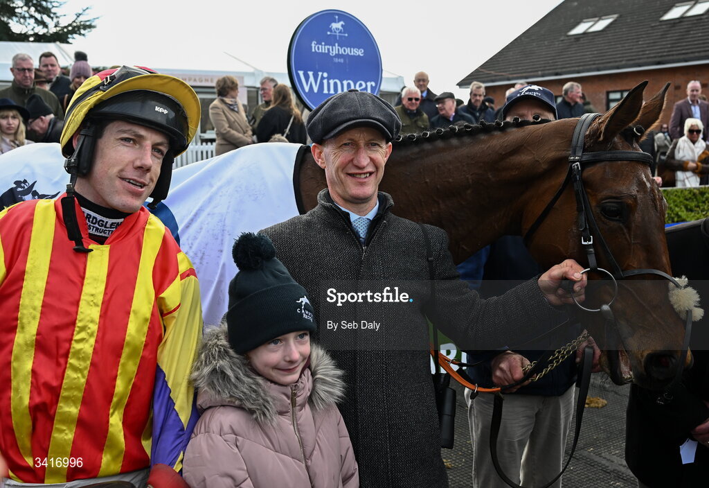 5 April 2026; Trainer Colm Murphy and jockey Brian Hayes after winning the Irish Stallion Farms EBF Honeysuckle Mares Novice Hurdle with Zanoosh during day two of the Fairyhouse Easter Festival at Fairyhouse Racecourse in Ratoath, Meath. Photo by Seb Daly/Sportsfile