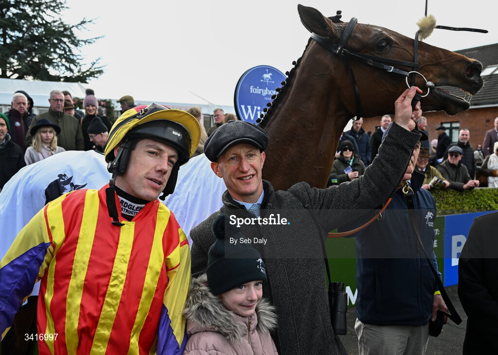 5 April 2026; Trainer Colm Murphy and jockey Brian Hayes after winning the Irish Stallion Farms EBF Honeysuckle Mares Novice Hurdle with Zanoosh during day two of the Fairyhouse Easter Festival at Fairyhouse Racecourse in Ratoath, Meath. Photo by Seb Daly/Sportsfile