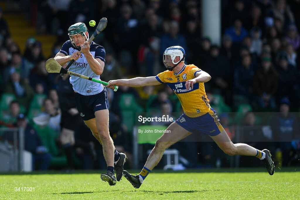 5 April 2026; Chris Crummey of Dublin in action against Diarmuid Ryan of Clare during the Allianz Hurling League Division 1B final match between Clare and Dublin at TUS Gaelic Grounds in Limerick. Photo by John Sheridan/Sportsfile