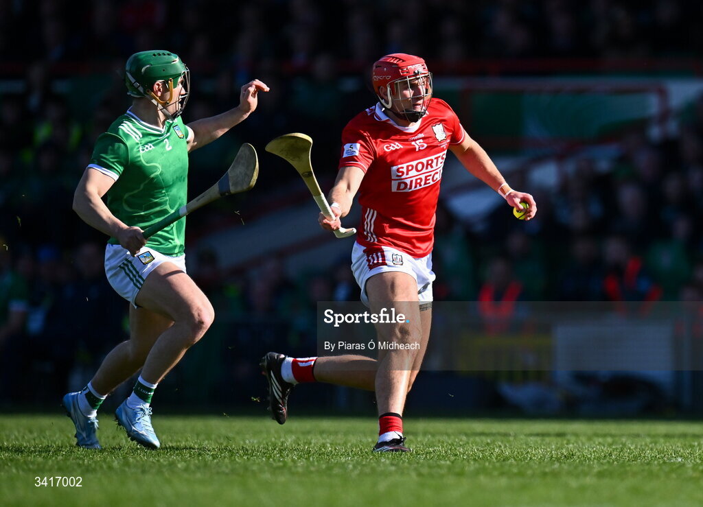 5 April 2026; Brian Hayes of Cork in action against Seán Finn of Limerick during the Allianz Hurling League Division 1A final match between Limerick and Cork at TUS Gaelic Grounds in Limerick. Photo by Piaras Ó Mídheach/Sportsfile