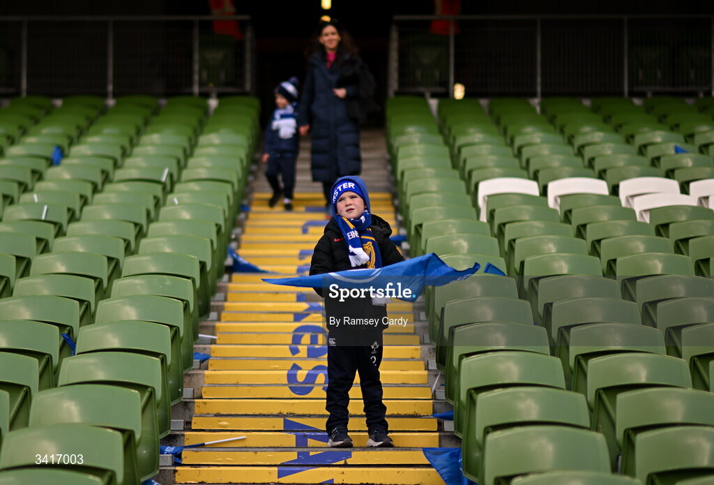 5 April 2026; Leinster supporters make their way to their seats before the Investec Champions Cup match between Leinster and Edinburgh at the Aviva Stadium in Dublin. Photo by Ramsey Cardy/Sportsfile